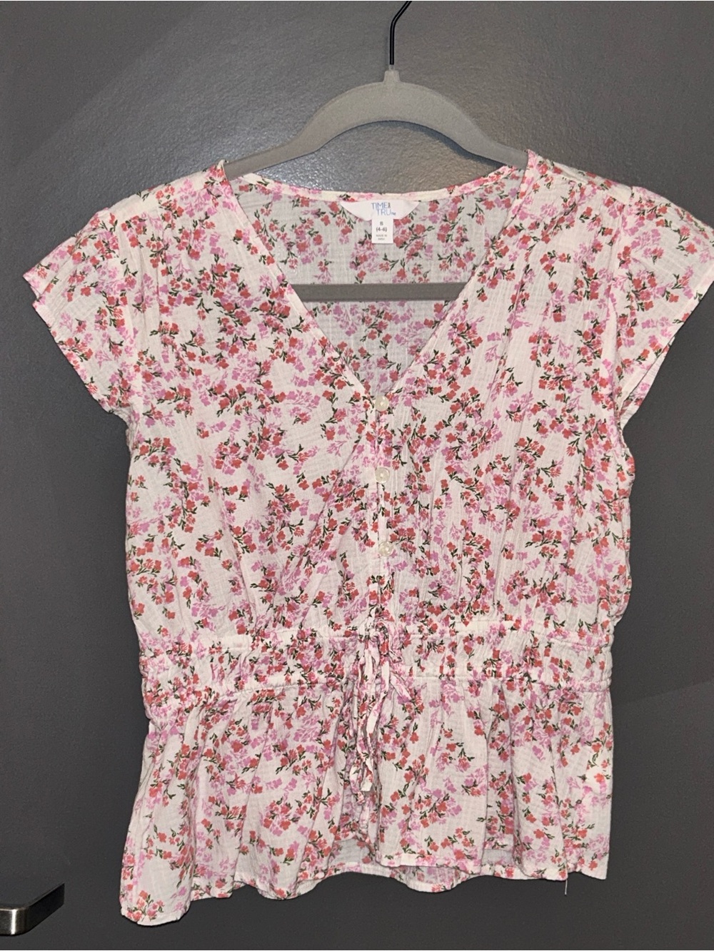 Time and Tru Pink Floral Drawstring Peplum Blouse